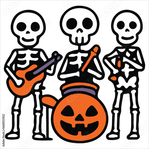 Halloween Skeleton Band Playing Music with Pumpkin Drums,Spooky Horror Characters illustration, Ghost Doodle design sublimation 