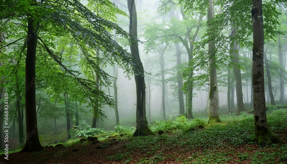 Fototapeta premium green trees in fog mystical forest serene dense lush tranquil nature