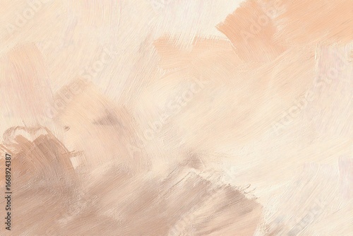 Abstract painting in muted peach, beige, and taupe hues, featuring dynamic brushstrokes of varying opacity and direction, creating a textured, ethereal effect