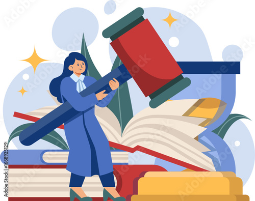A female judge in a robe holds a large gavel, presiding over a legal case with books and an hourglass in the background, symbolizing justice and legal proceedings.