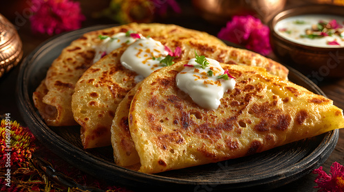 Close-Up of Golden-Brown Puran Poli with Sweet Fillig, Served with Yogurt in aFestive Setting