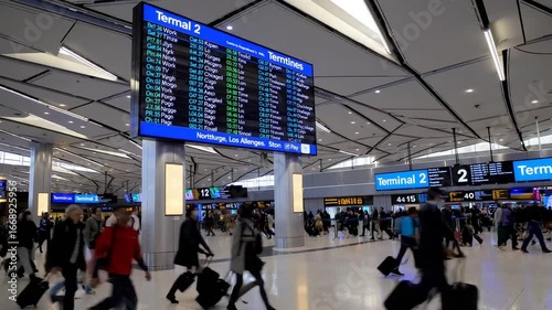 Bustling and crowded airport concourse hallway with illuminated directional signage and hurried travelers