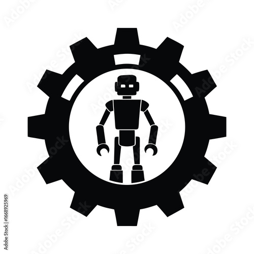 silhouette of a robot inside a gear circle 
