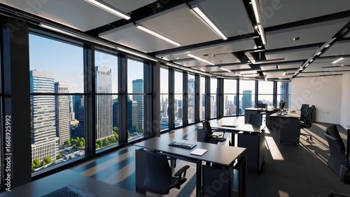 Inside view of contemporary high-end spacious open concept workplace environment featuring charcoal grey office furnishings and panoramic urban scenery