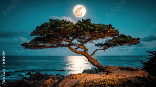 A lone, windswept tree dramatically silhouetted against a full moon and a tranquil ocean, illuminated by moonlight
