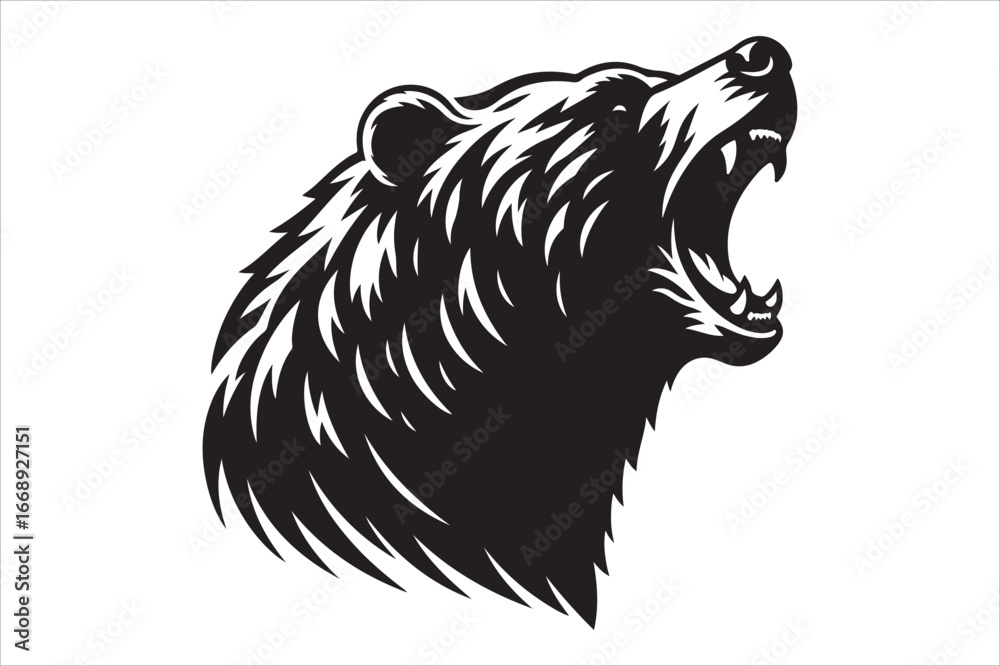 Obraz premium Roaring Grizzly Bear Head Vector Illustration, Black and White
