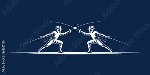 Two fencers in white gear facing each other with swords clashing on a dark blue background design style