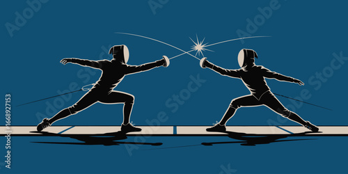 Two fencers in action with swords clashing in a stylized dark blue and white graphic illustration