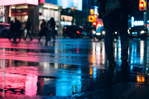 Wallpaper Mural Neon lit cityscape reflected in wet pavement at night Highlighting urban nightlife and atmosphere, suitable for city themed content Torontodigital.ca