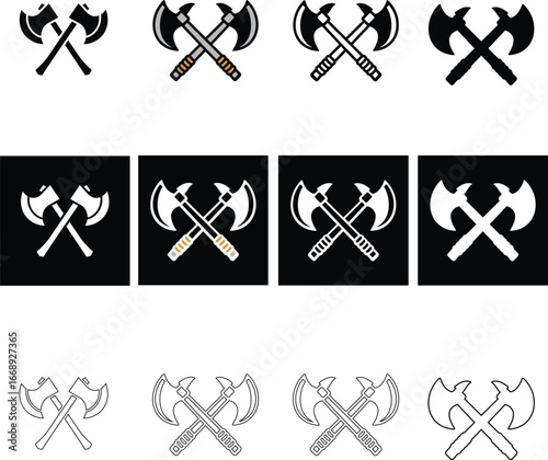 Crossed axes collection flat, silhouette, outline, and black styles great for rugged survival graphics, adventure logos, and timber sport badges.