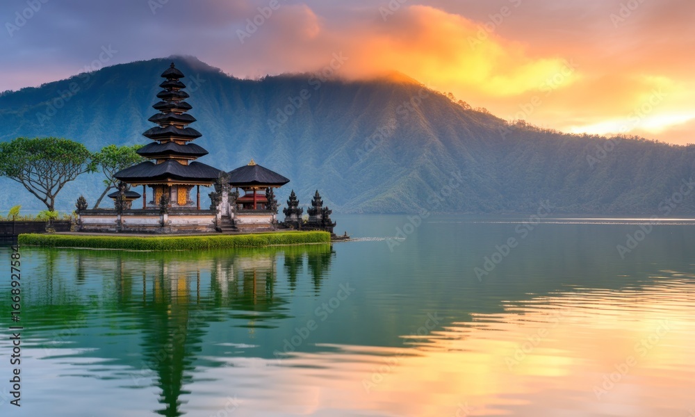 Naklejka premium Sunrise over a tranquil temple island in a volcanic lake