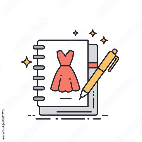 Fashion design concept. Dress sketch in a notebook with a pen. Creative process vector.