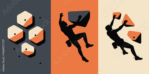 Three vertical panels showing rock climbing silhouettes with geometric climbing holds and colored backgrounds