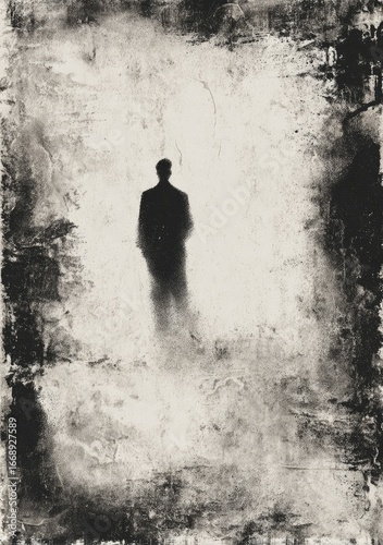 A solitary figure, silhouetted and indistinct, stands within a luminous, textured, and darkly framed space.  The image evokes feelings of mystery and isolation