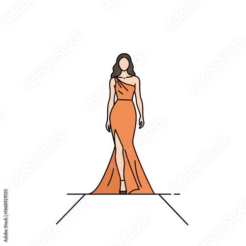 Vector illustration of a fashion model on the catwalk wearing an elegant gown.