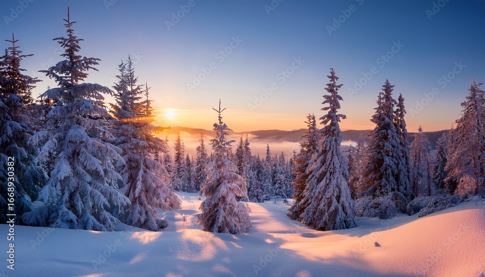 Fototapeta premium in hushed stillness of dawn ethereal glow of rising sun bathes snow laden trees transforming wintry landscape into a breathtaking tableau that leaves one spellbound