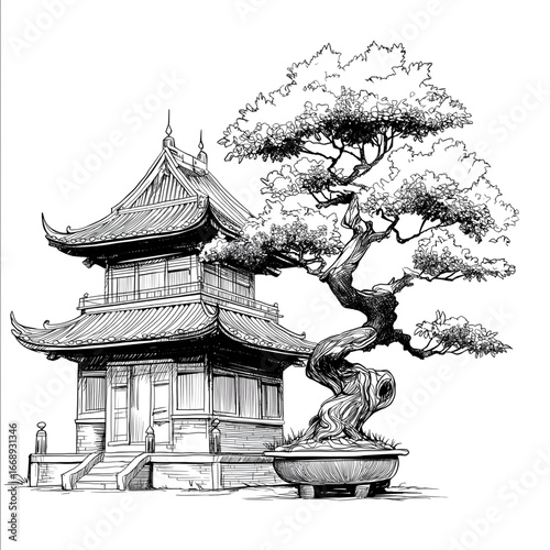line drawing of a simple black and white 2 tier pagoda next to a bonsai tree.