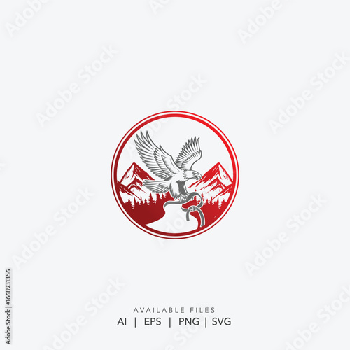Flying eagle with red mountain peaks logo illustration, Abstract vector emblem of an eagle and mountains for outdoor brand, Majestic bird of prey soaring over mountain range logo