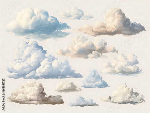 A collection of simple vintage painted clouds separated on a white background.