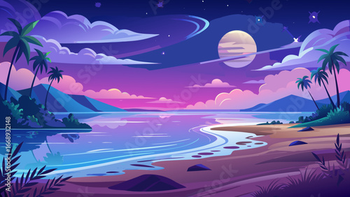 Serene Beach Scene at Dusk
Waves caress silver shorelines, moonlight rises gently above calm waters, sky softens into violet hues, tranquility surrounds the evening, nature sings peace across endless 