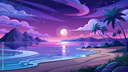 Serene Beach Scene at Dusk
Waves caress silver shorelines, moonlight rises gently above calm waters, sky softens into violet hues, tranquility surrounds the evening, nature sings peace across endless 