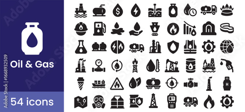 Oil and gas industry icon set with symbol illustrations of petroleum, fuel, energy, and power from a refinery for industrial design and production visuals.

