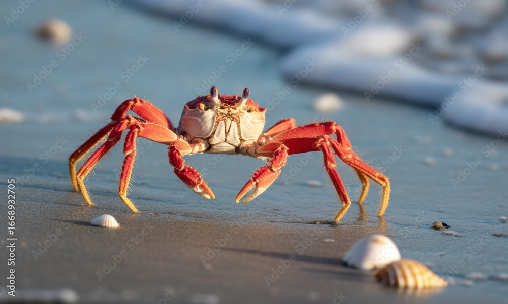 Fototapeta premium Vibrant orange crab on sandy beach, waves in the background