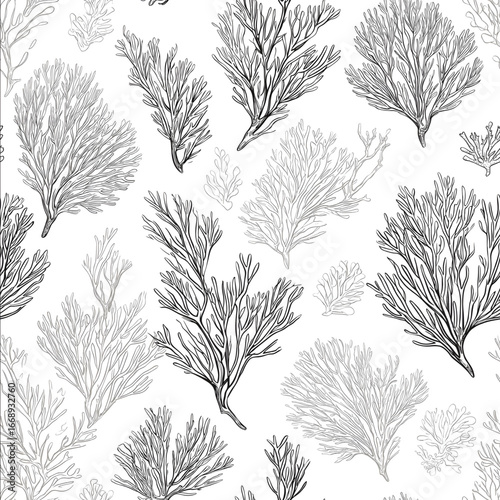 Create a seamless pattern of outlined white drawings of delicated seaweeds and corals in different orientations and sizes illustrated in clear black lines in .