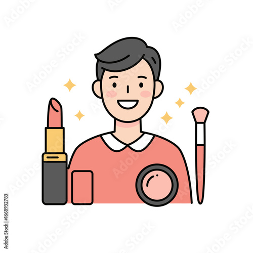 Cute male beauty blogger character with cosmetics. Men's grooming and makeup vector.