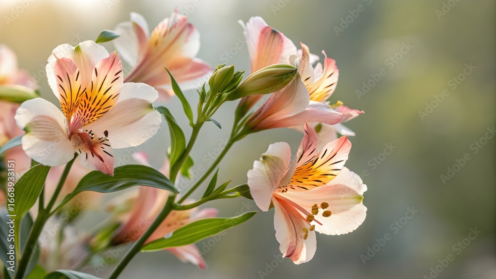 Fototapeta premium Closeup of delicate alstroemeria flowers in bloom, showcasing their vibrant colors and soft petals in a natural and elegant floral arrangement