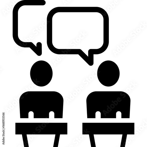 Two figures at a table with speech bubbles symbolizing political debate