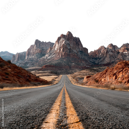 Scenic desert road leading to majestic mountains utah landscape outdoors isolated on transparent background, png