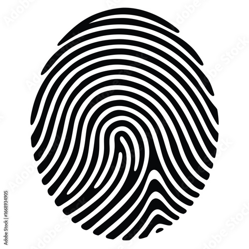 Black and white fingerprint graphic with intricate swirling lines on a white background thumbprint identity