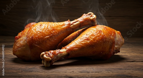 Smoked Turkey Legs on Wooden Table.