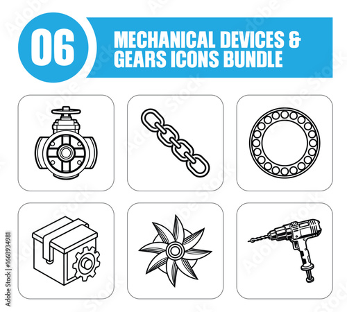 Mechanical Devices And Gears Icons Bundle