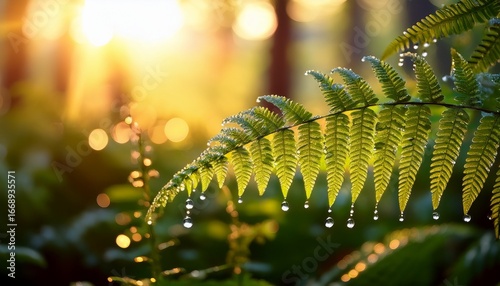 delicate fern leaves adorned with crystal clear dew droplets their surface reflecting the warm glow of the rising sun in a mesmerizing cinematic display of nature s beauty