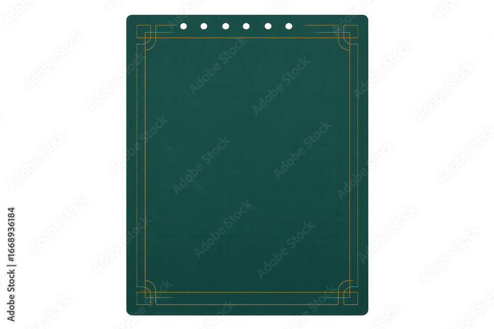 Fototapeta premium Green notepad with gold border and transparent background, perfect for adding notes, reminders, or messages to designs