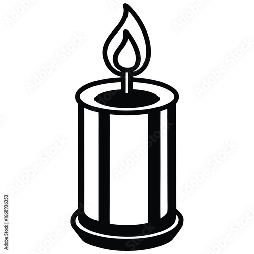 Black and White Illustration of a Lit Candle with Flame fire light