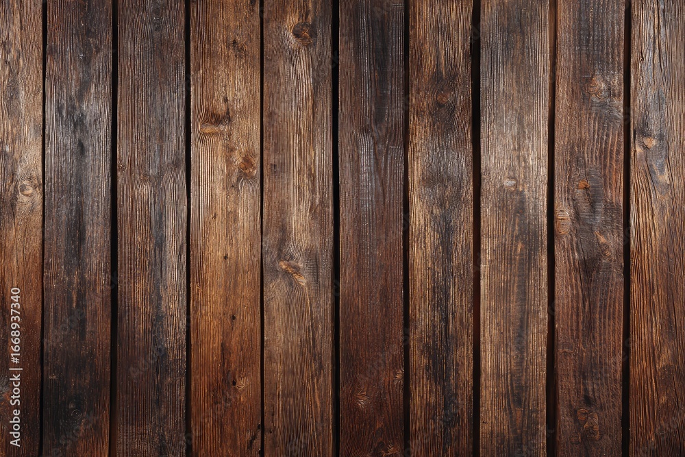 Naklejka premium Dark brown, vertically-aligned wooden planks with varying shades and textures, showing age and weathering