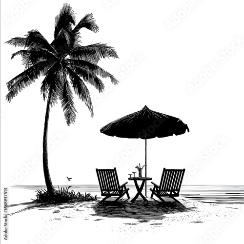 silhouette of a tropical beach scene smooth palm tree on the left two beach chairs facing a small round table with cocktails large beach umbrella overhead lit.