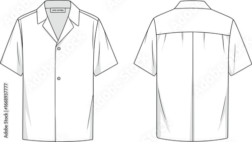Men’s short sleeve shirt vector template, casual button up design, summer fashion flat sketch clothing mockup
