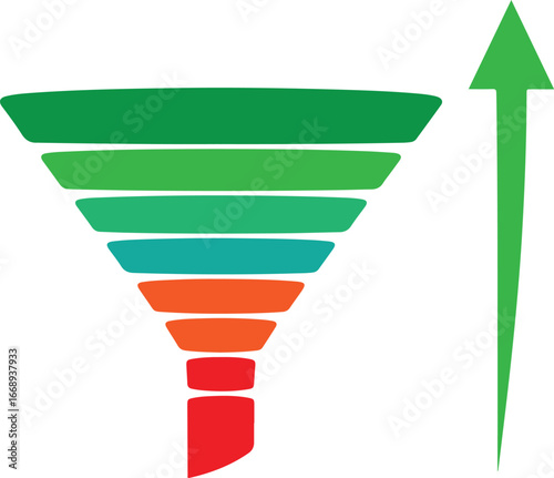 Colorful funnel diagram with green arrow indicating upward trend chart conversion