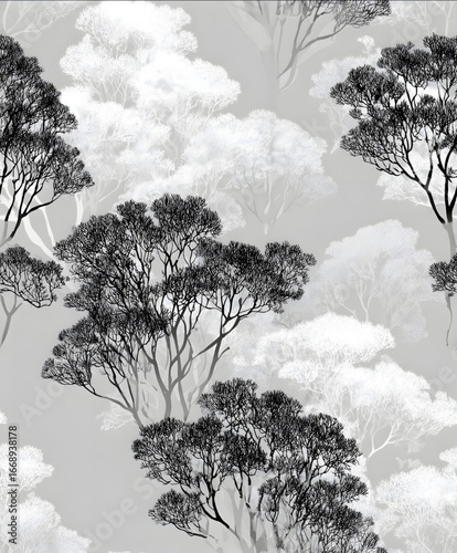 Seamless black and white pattern with closeup shrubs whose silhouettes blend into the forest background highresolution vector image outline and highly detaile.