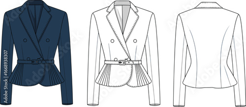 Women’s blazer jacket vector template, double breasted design with belt, fashion flat sketch clothing mockup illustration