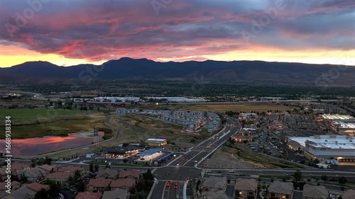 Aerial Timelapse of Vibrant Colorful Sunset over South Reno Neighborhood 