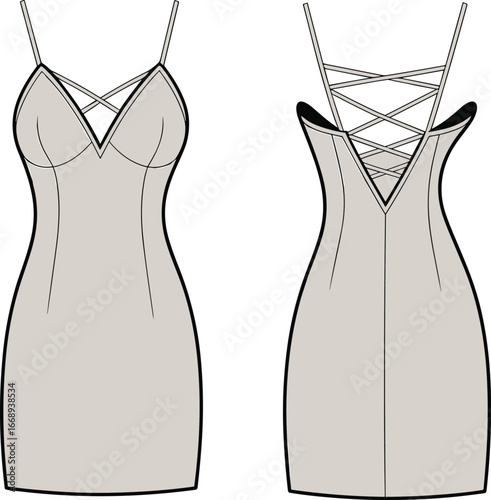 Women’s strappy bodycon dress vector, lace-up back dress template, V-neck mini dress fashion flat illustration
