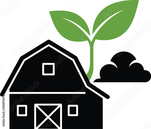 Illustration of a barn with a plant growing beside it