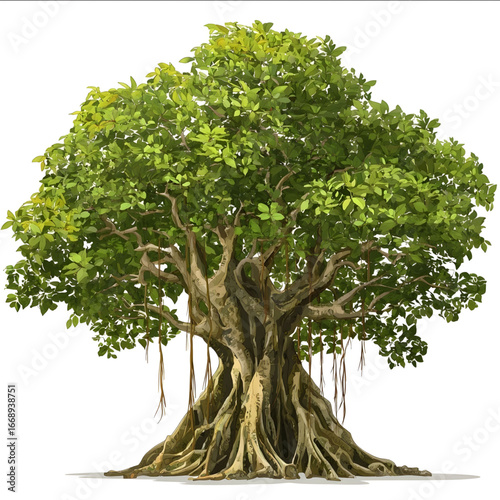 2D cartoon style big banyan tree thick roots spreading wide hanging aerial roots green leafy canopy simple childfriendly look soft colors white background cli.