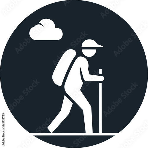 Illustration of a hiker with backpack and walking stick in a circular frame