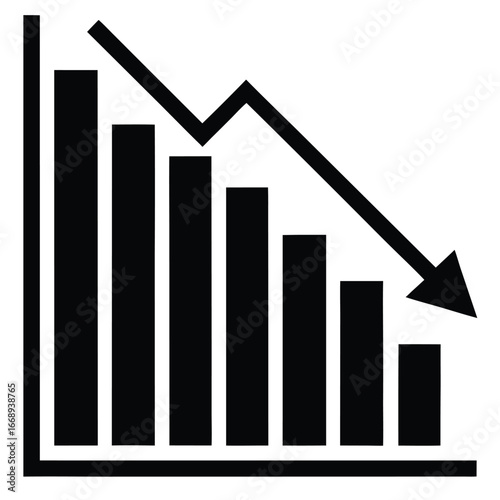 Black downward trending bar graph with diagonal arrow on white background chart data